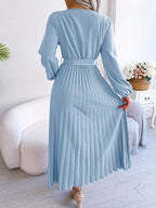 Elegant Pleated Front Tie Long Sleeve Dress (2)