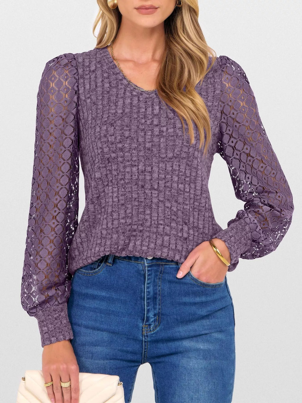 Lace Sleeve V-neck T-shirt (4)