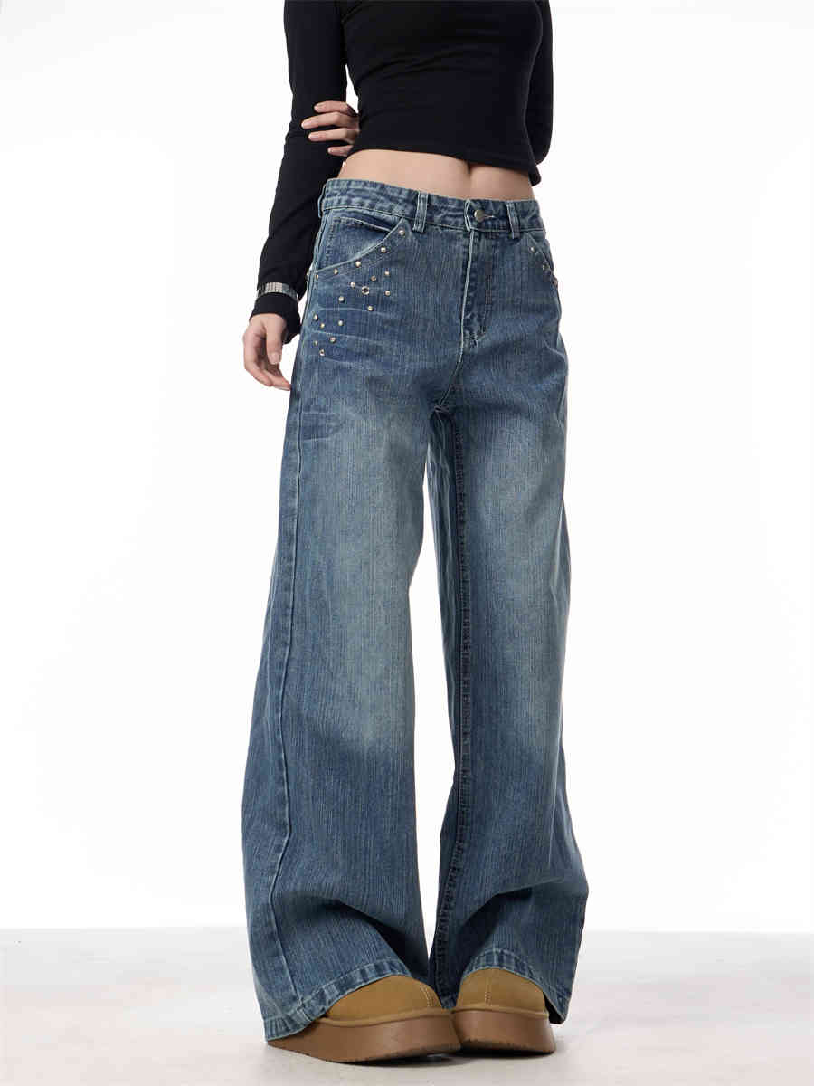 Rivet High Waist Wide Leg Jeans Baggy Straight Trousers photo 1