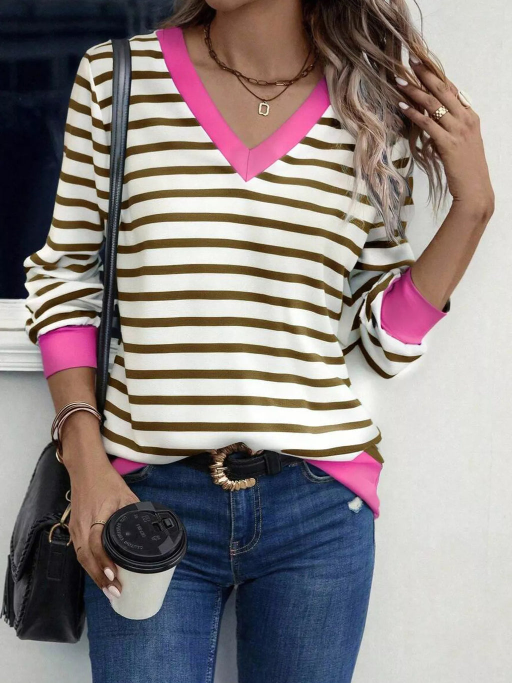 Striped V-neck Long Sleeve T-shirt (9)