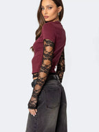 Cropped T-shirt Sheer Lace Sleeves (6)