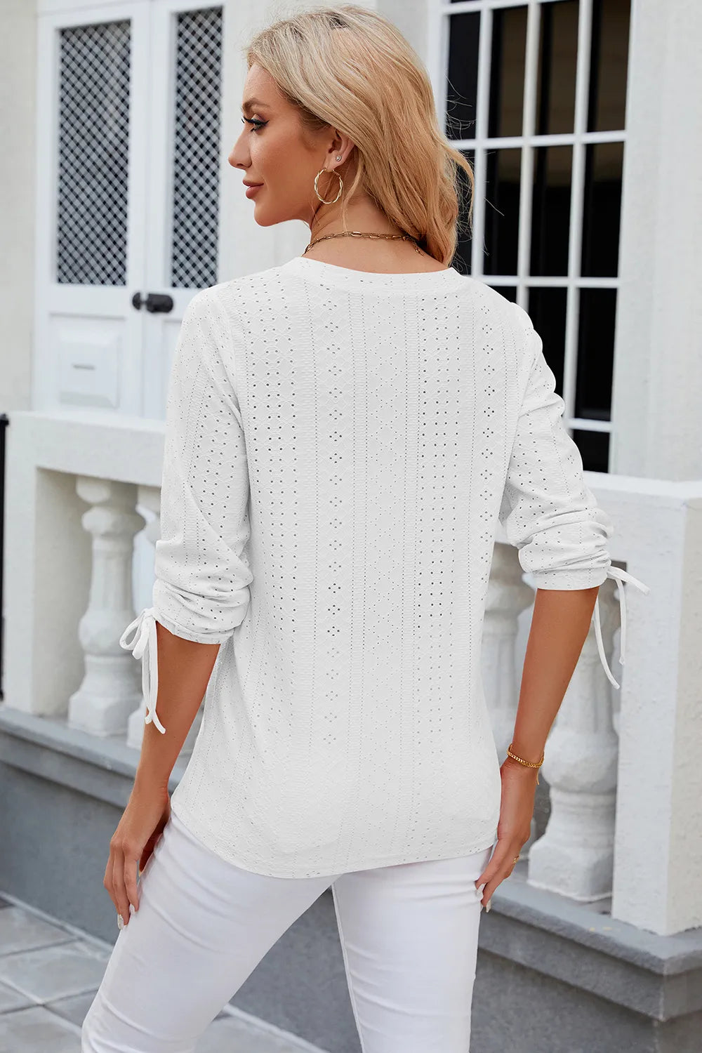 Eyelet Drawstring V-neck Half Sleeve T-shirt (16)