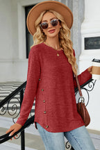 Decorative Button Round Neck T-shirt (3)
