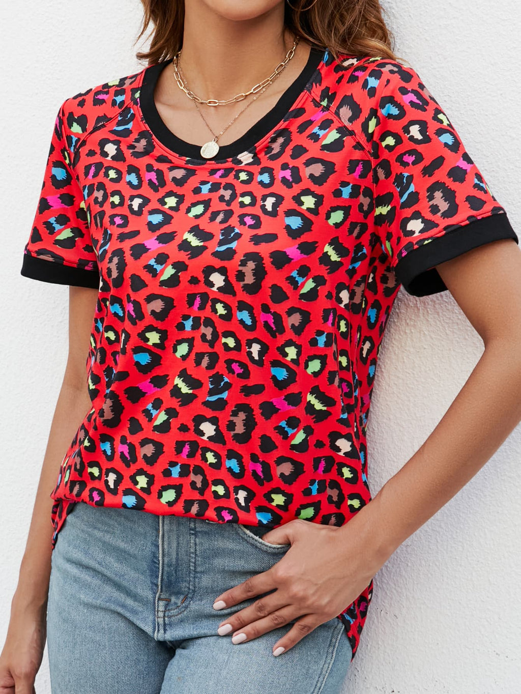 Leopard Round Neck Short Sleeve Tee Shirt (3)