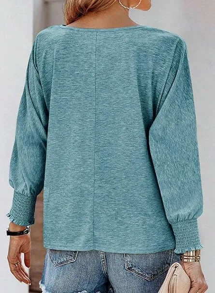 Round Neck Smocked Lantern Sleeve T-shirt (10)