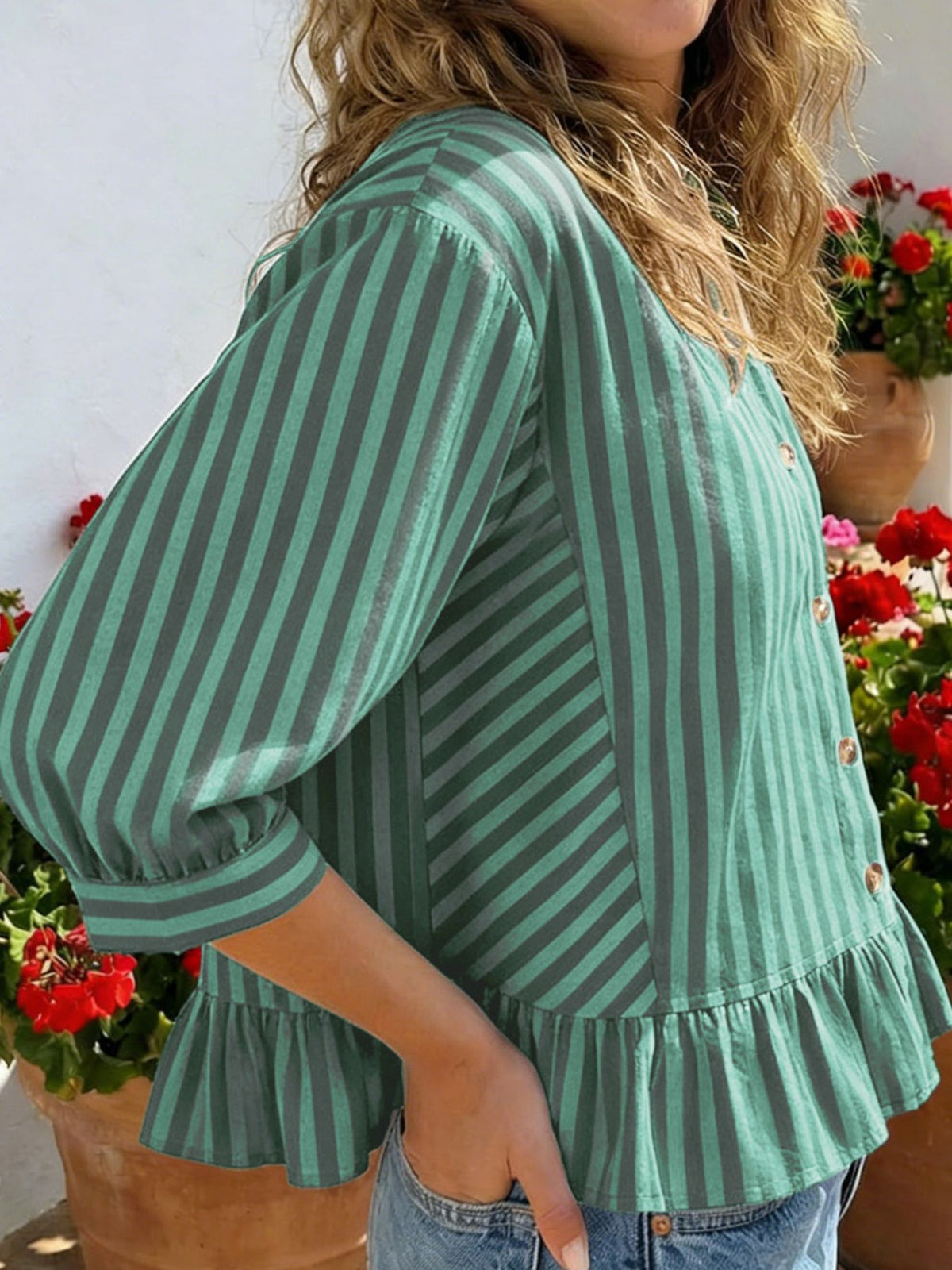 Striped Ruffle Hem Button-down Shirt (7)