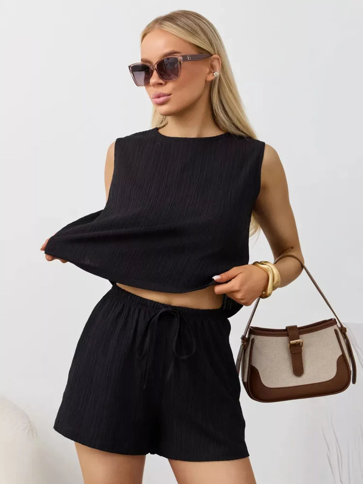 Textured Round Neck Tank Shorts Set (9)
