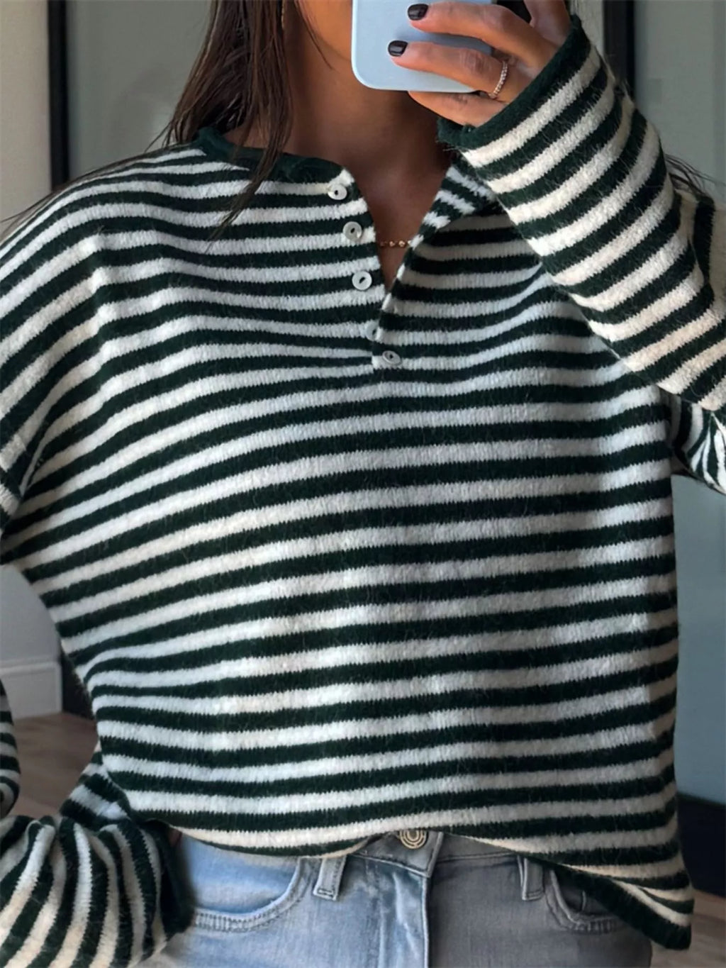 Button Detail Dropped Shoulder Striped Sweater (13)
