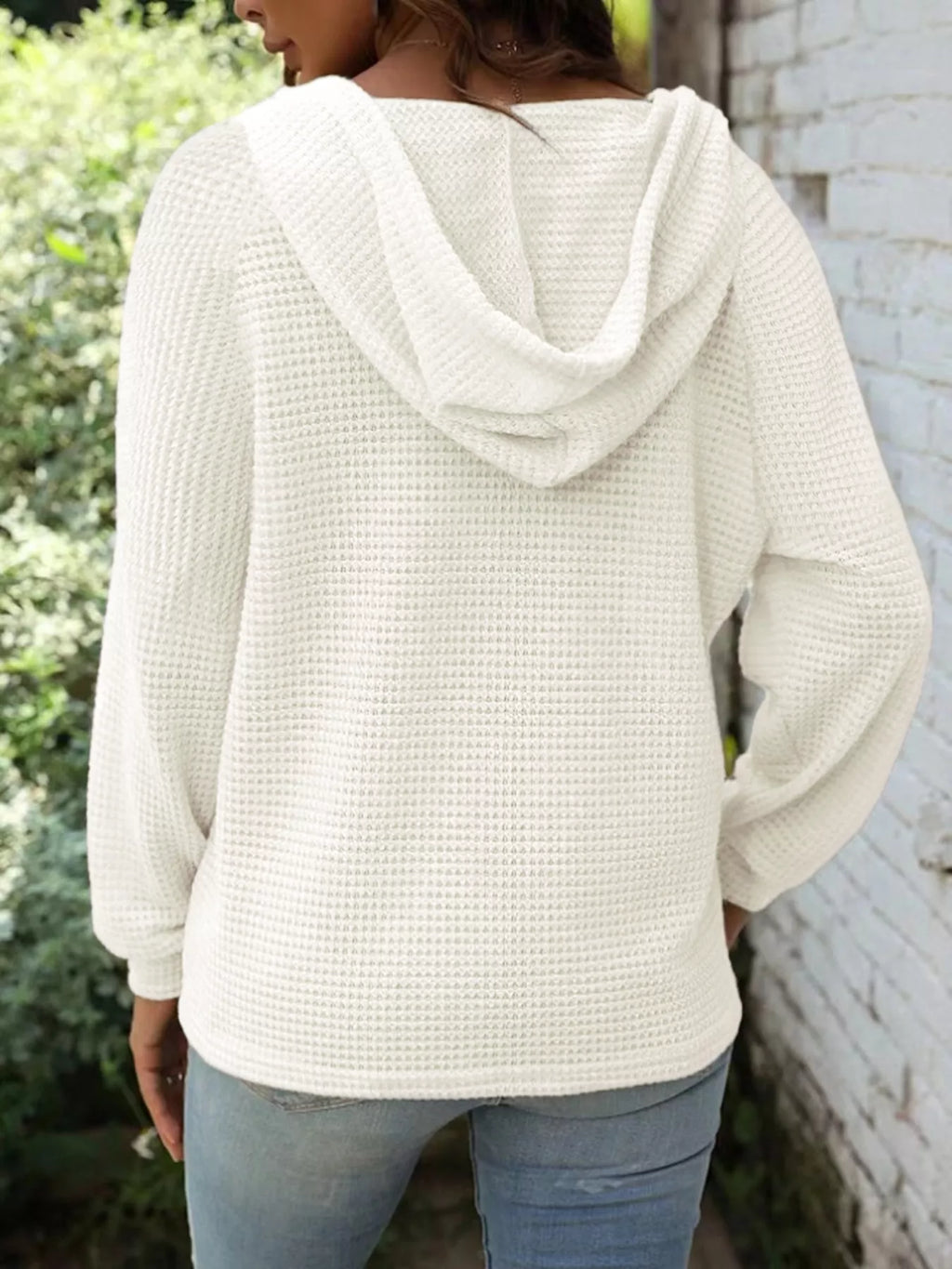 Full Size Button Detail Waffle Knit Hoodie Plus (2)