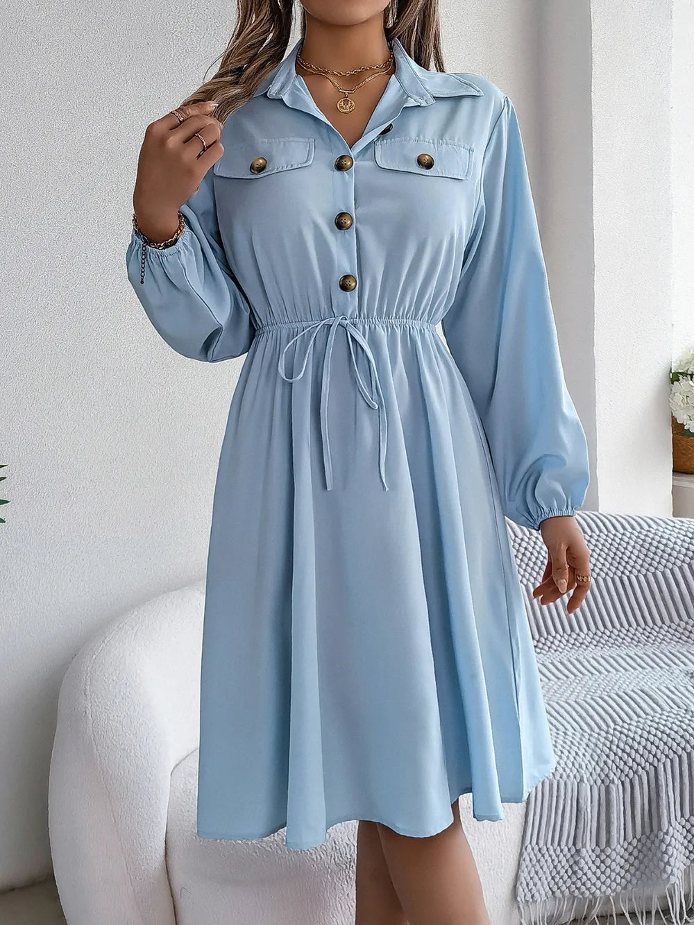 Collared Neck Long Sleeve Dress Pockets (6)