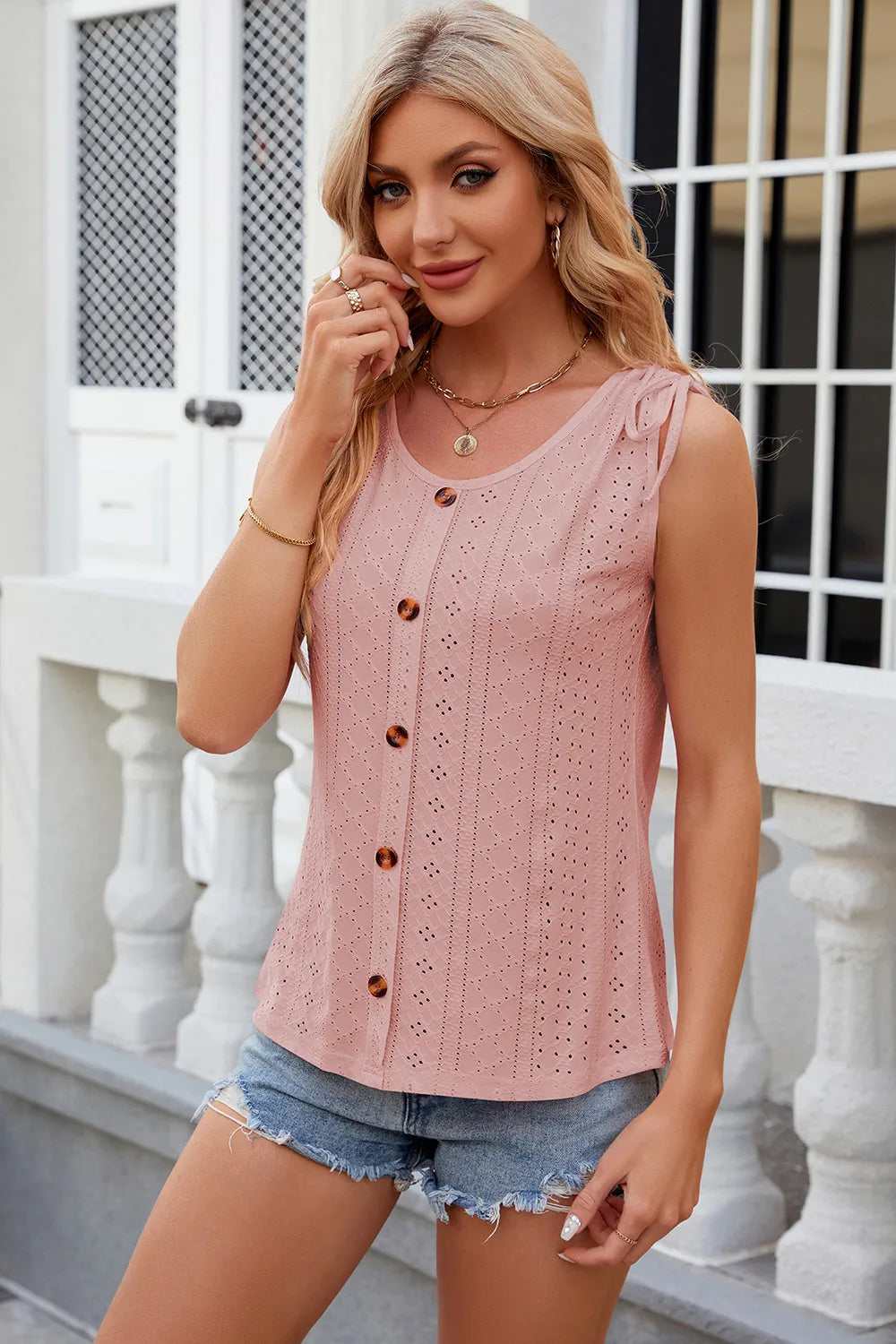 Eyelet Round Neck Wide Strap Tank (19)