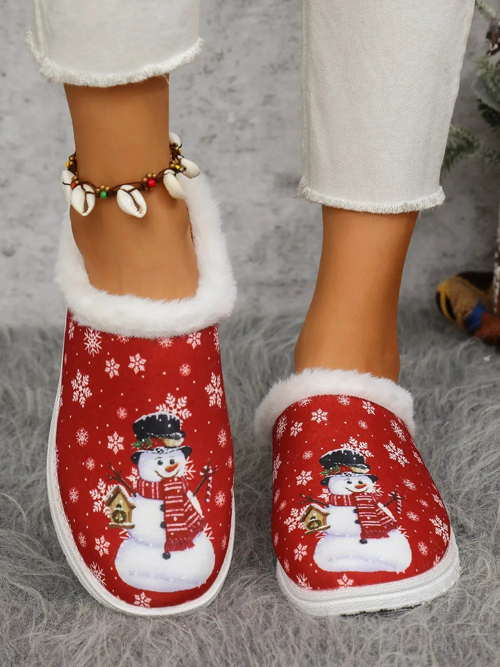 Snowman Print Flat Slippers Faux Fur (8)