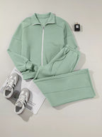 Drop Shoulder Zip Up Jacket Drawstring Pants Active 2pcs Set (33)