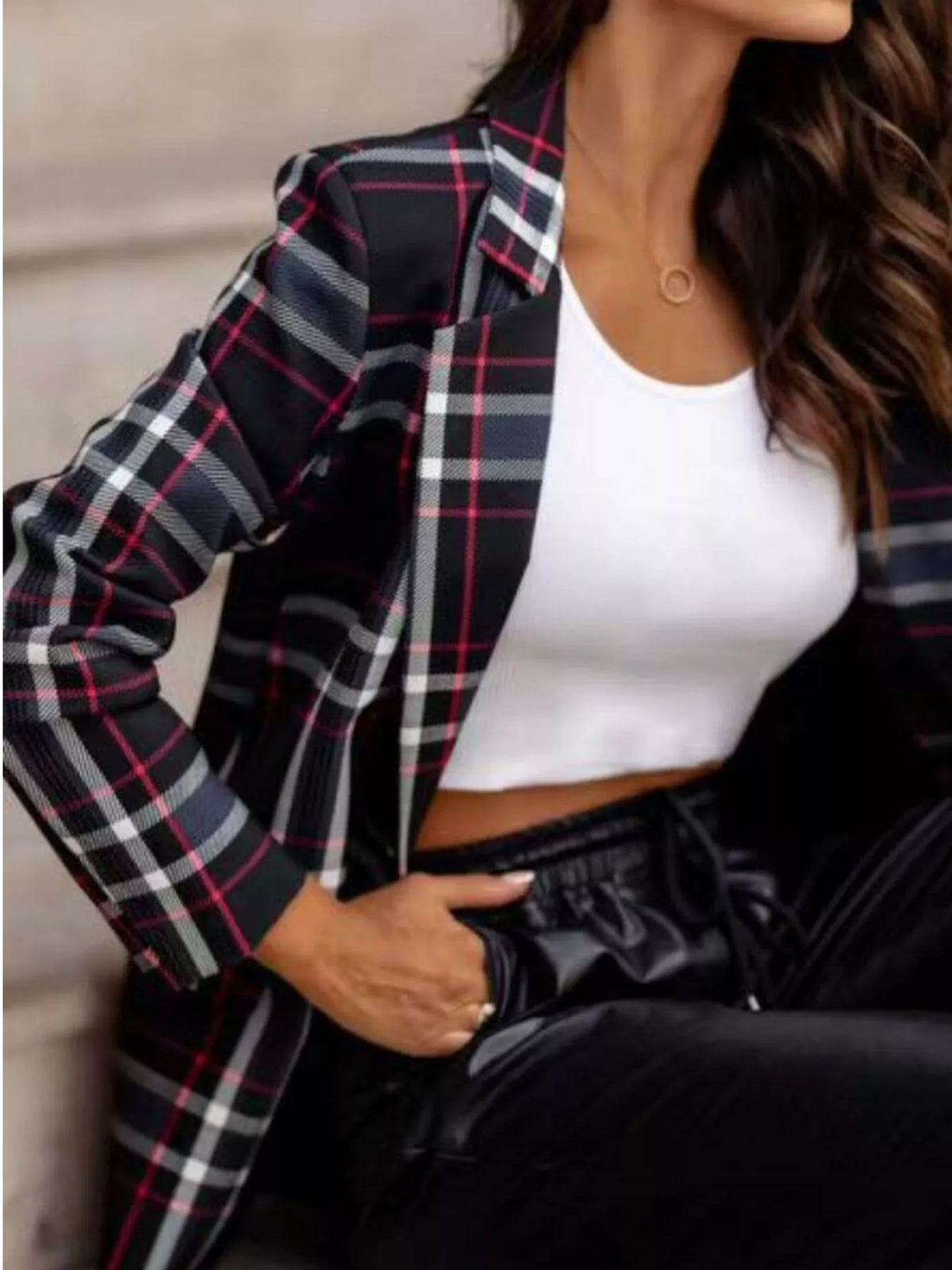 Plaid Lapel Collar Blazer (4)