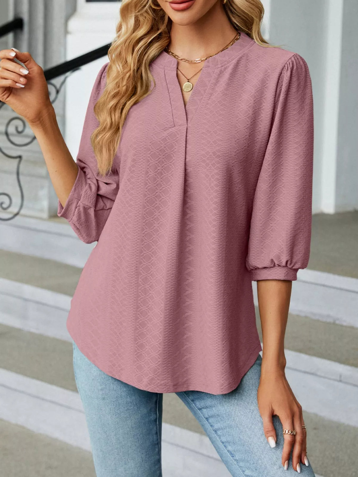 Notched 3/4 Sleeve Casual Top (6)
