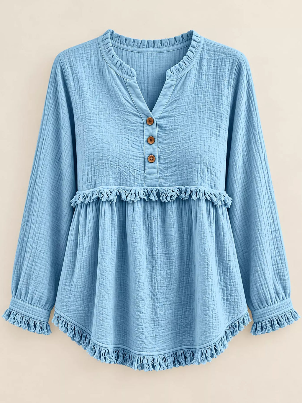 Full Size Frayed Hem Button Detail Blouse Plus (29)
