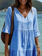Full Size Tiered Tie Neck Flounce Sleeve Dress Plus (14)