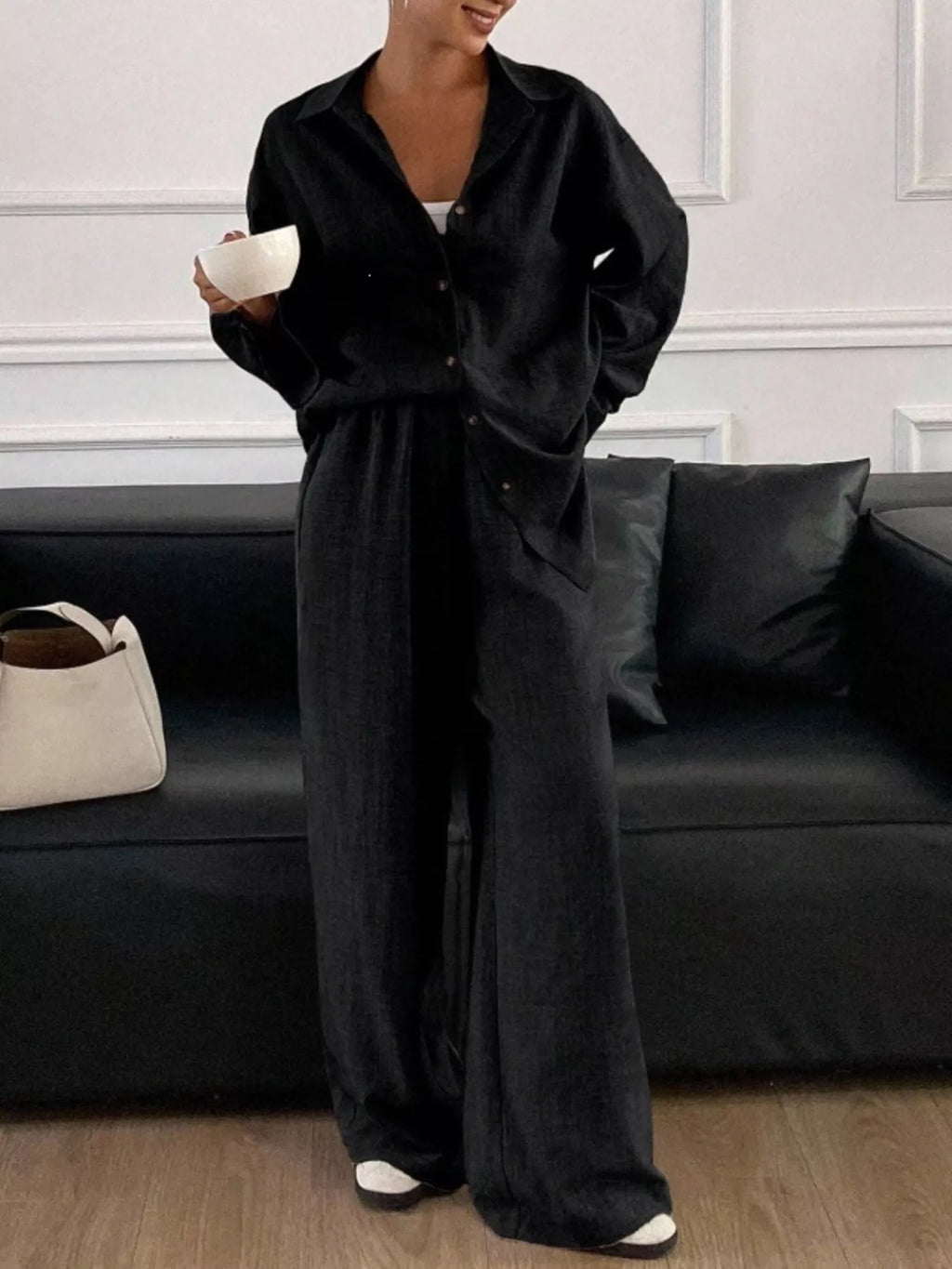 Button-down Shirt Wide-leg Pants Set (11)