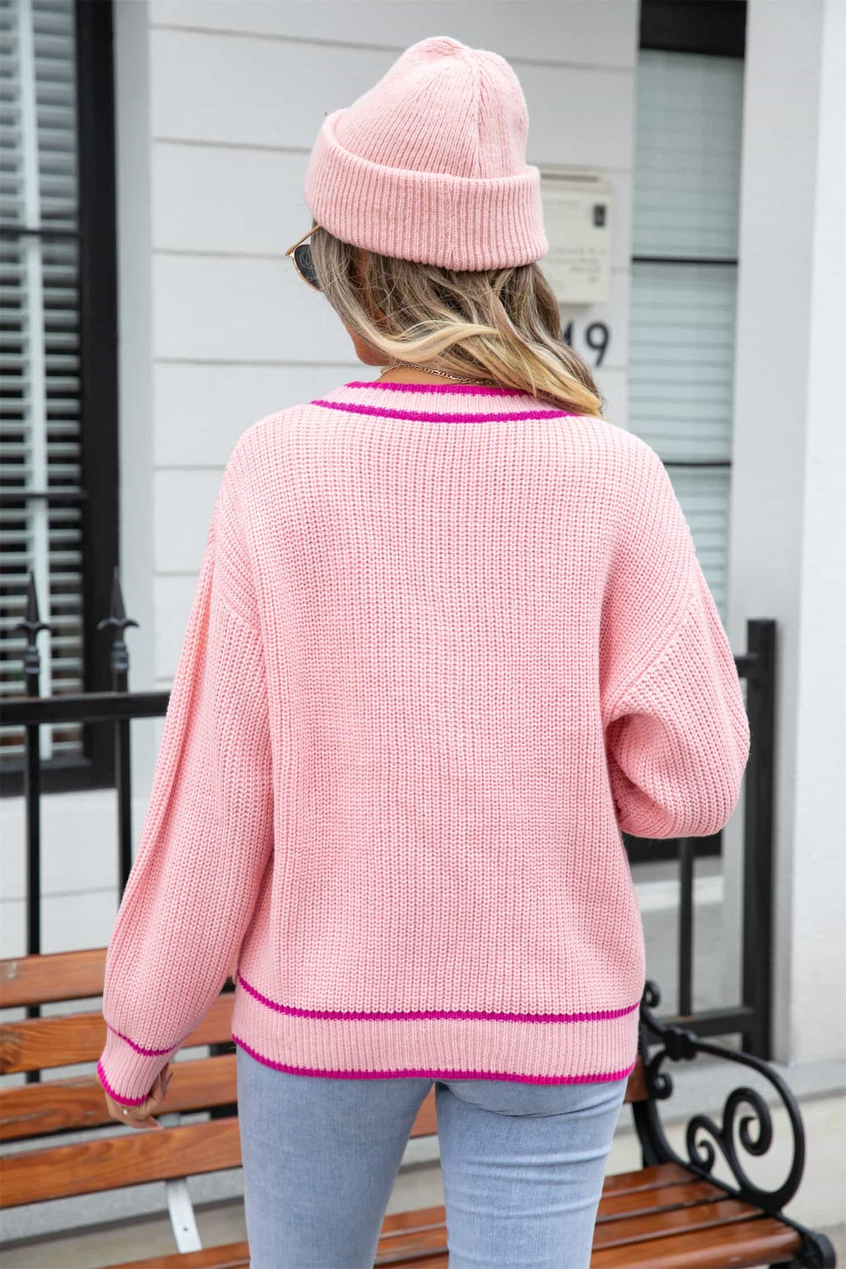 Waffle Knit V-neck Cardigan Pocket (2)