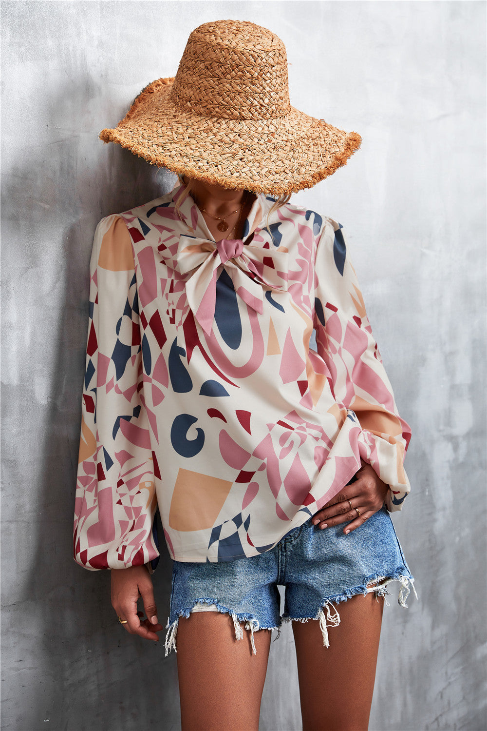 Printed Tie Neck Puff Sleeve Blouse (4)