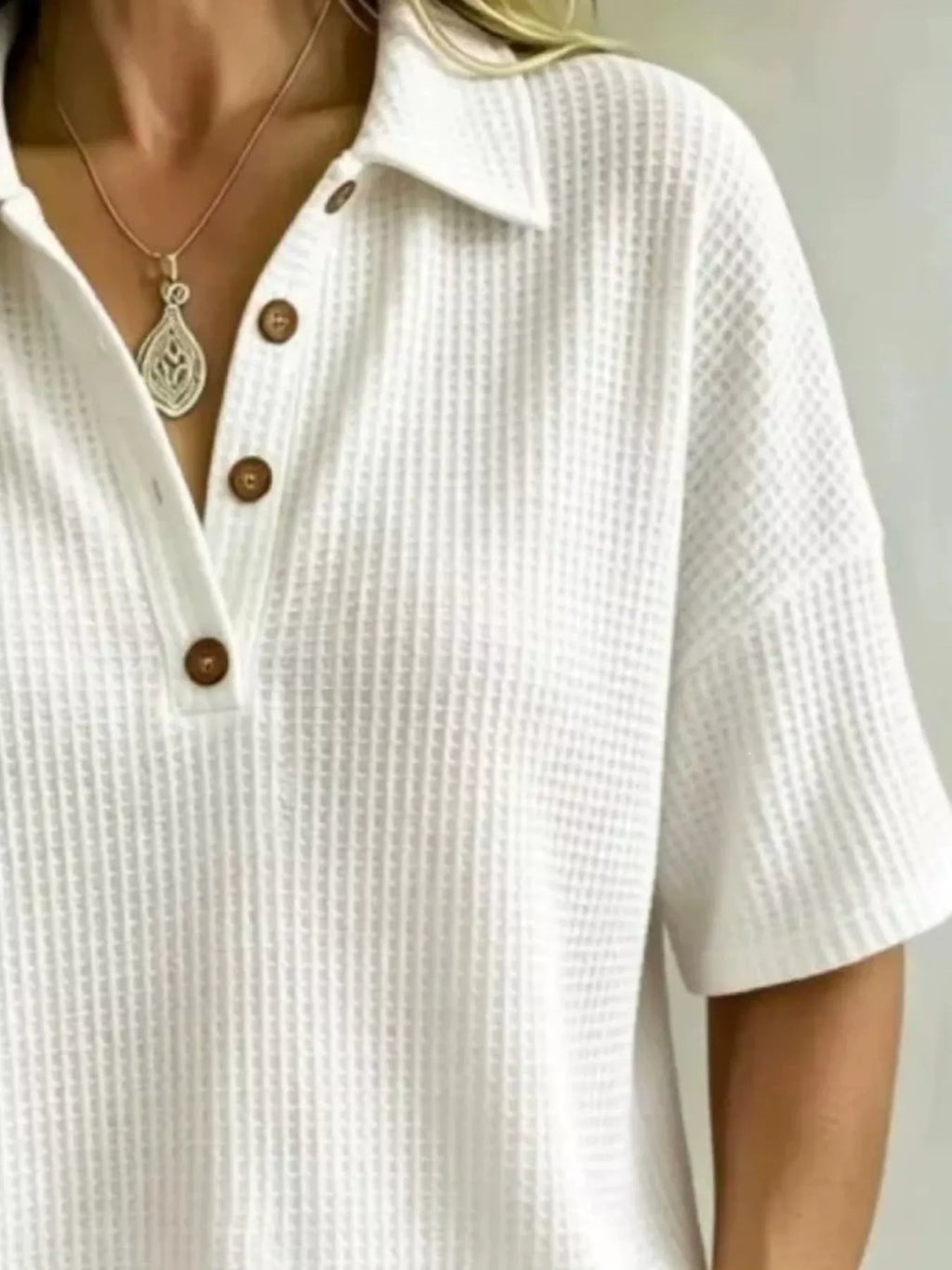 Full Size Waffle Knit Polo Top Button Detail Plus (2)