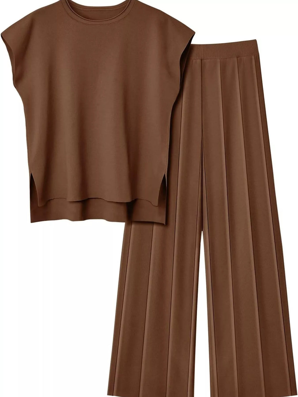 Casual Solid Color Cap Sleeve Top Pants Knit Set (32)