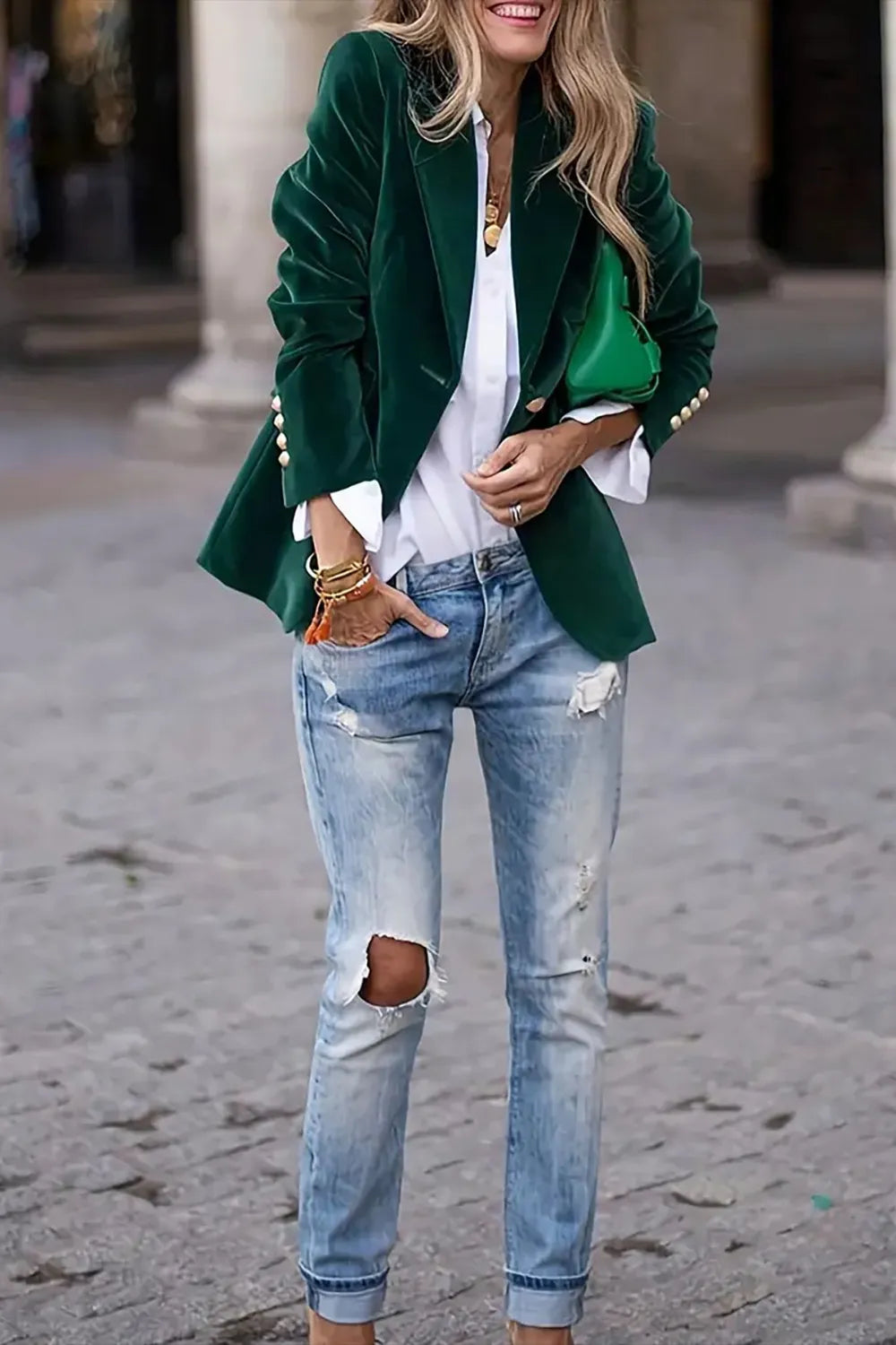 One Button Lapel Collar Long Sleeve Blazer (5)