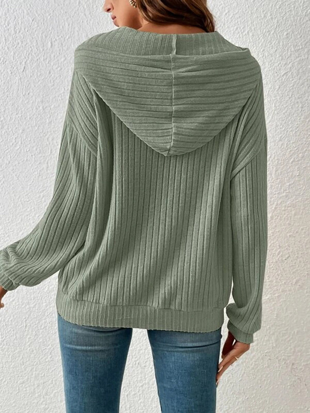 Ribbed Dropped Shoulder Drawstring Hoodie (2)