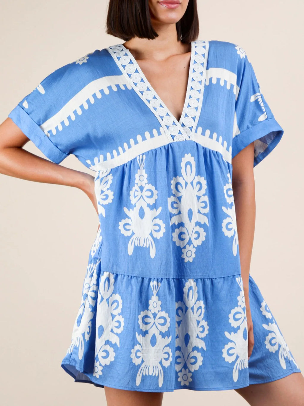 Printed V-neck Short Sleeve Mini Dress (18)