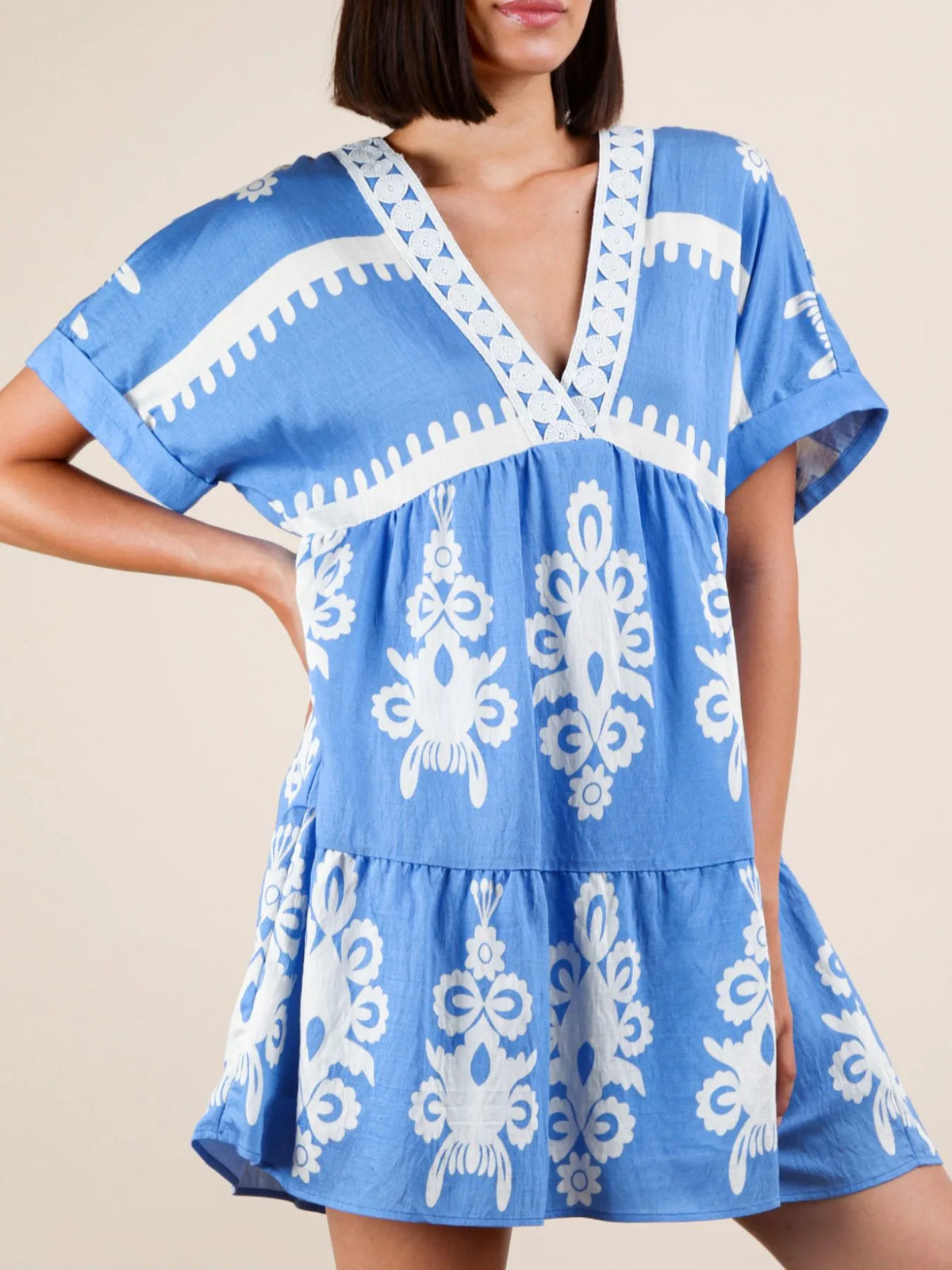 Printed V-neck Short Sleeve Mini Dress (18)