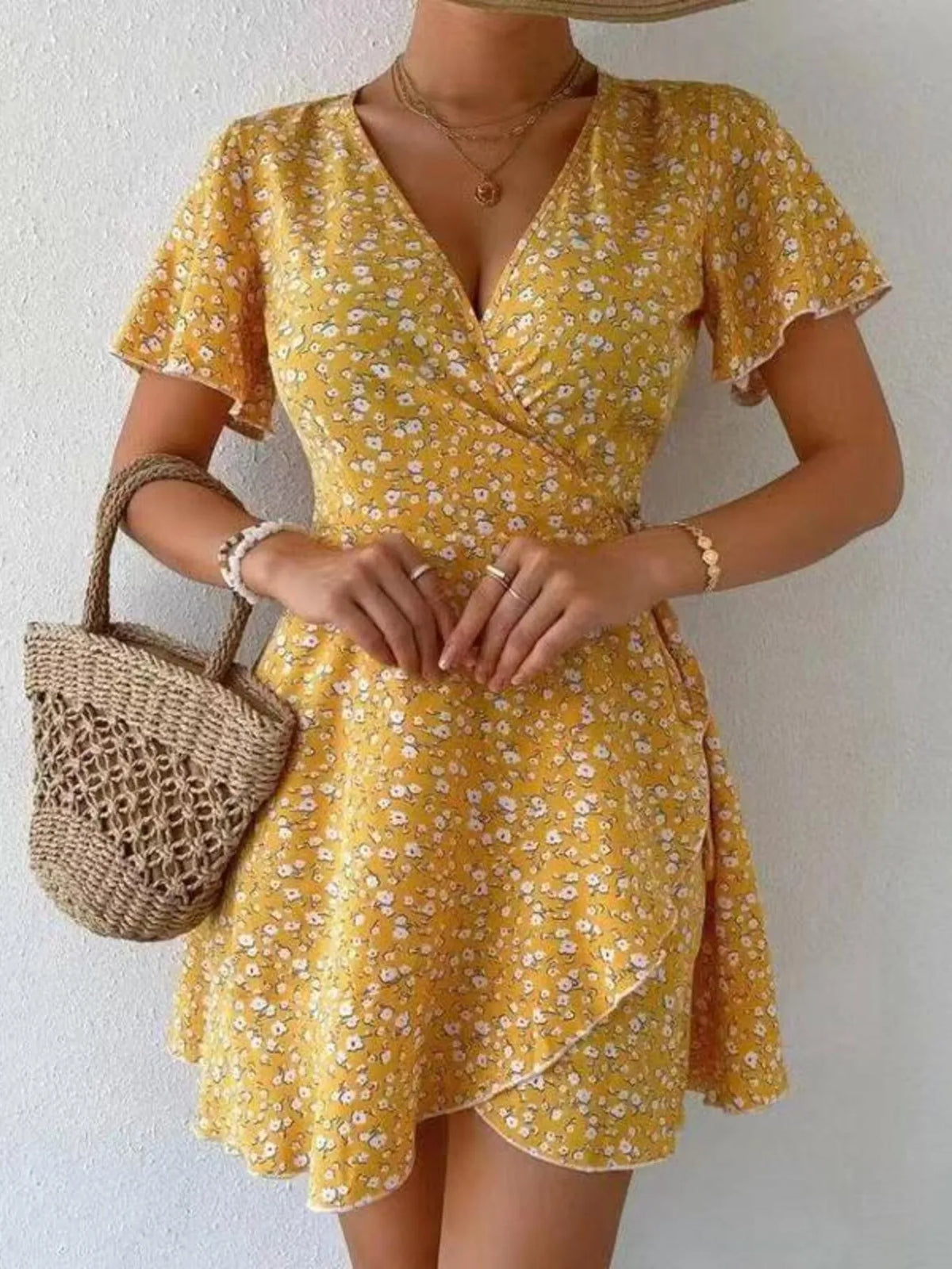 Floral Flutter Sleeve Wrap Mini Dress (2)