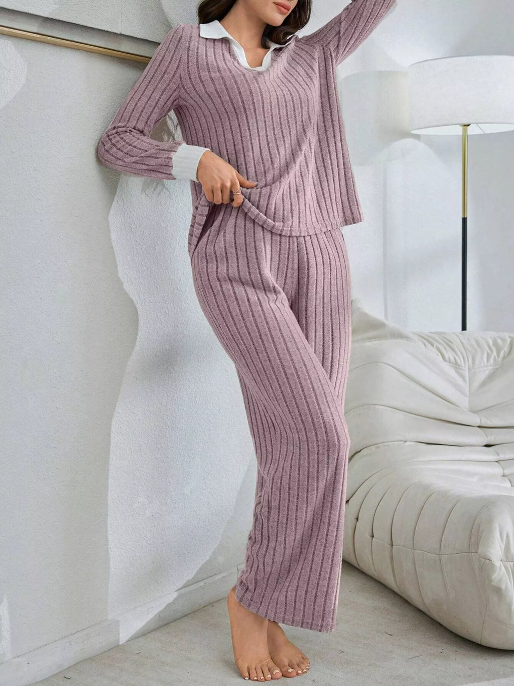 Ribbed Knit Polo Collar Top Pants Lounge Set
