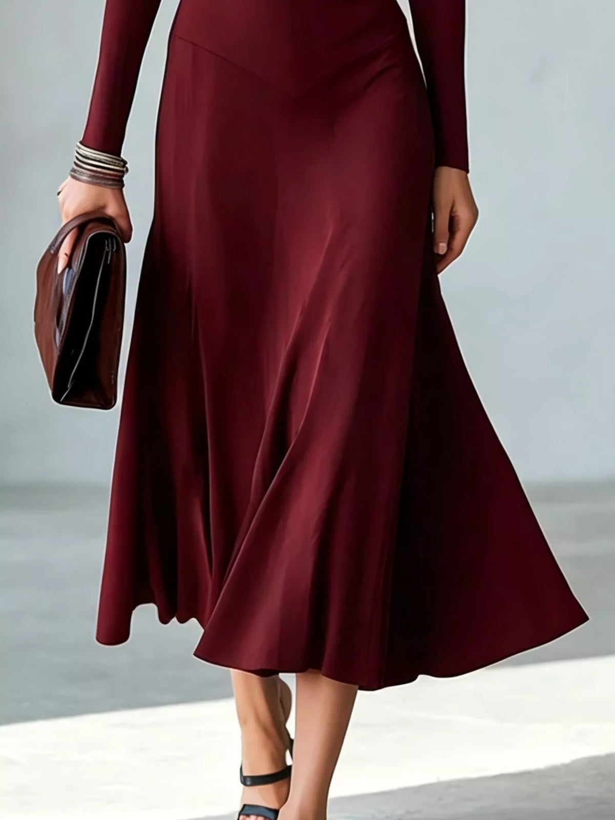 Full Size Mock Neck Cut-out Long Sleeve Midi Dress Plus (15)
