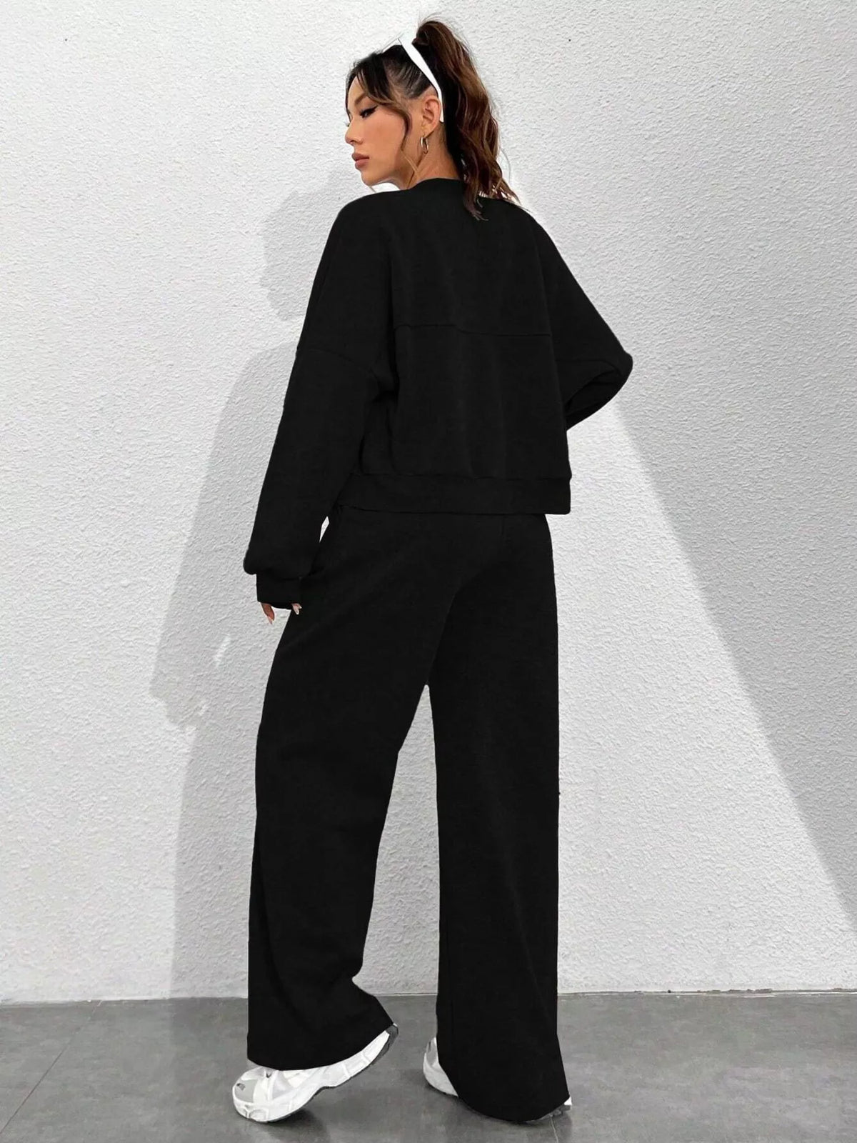 Casual Solid Color Zipper Jacket Wide Leg Pants Set (20)