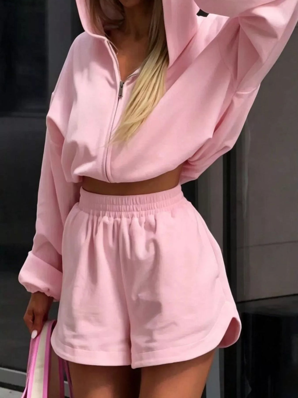 Zip Up Crop Hoodie Shorts Set (2)