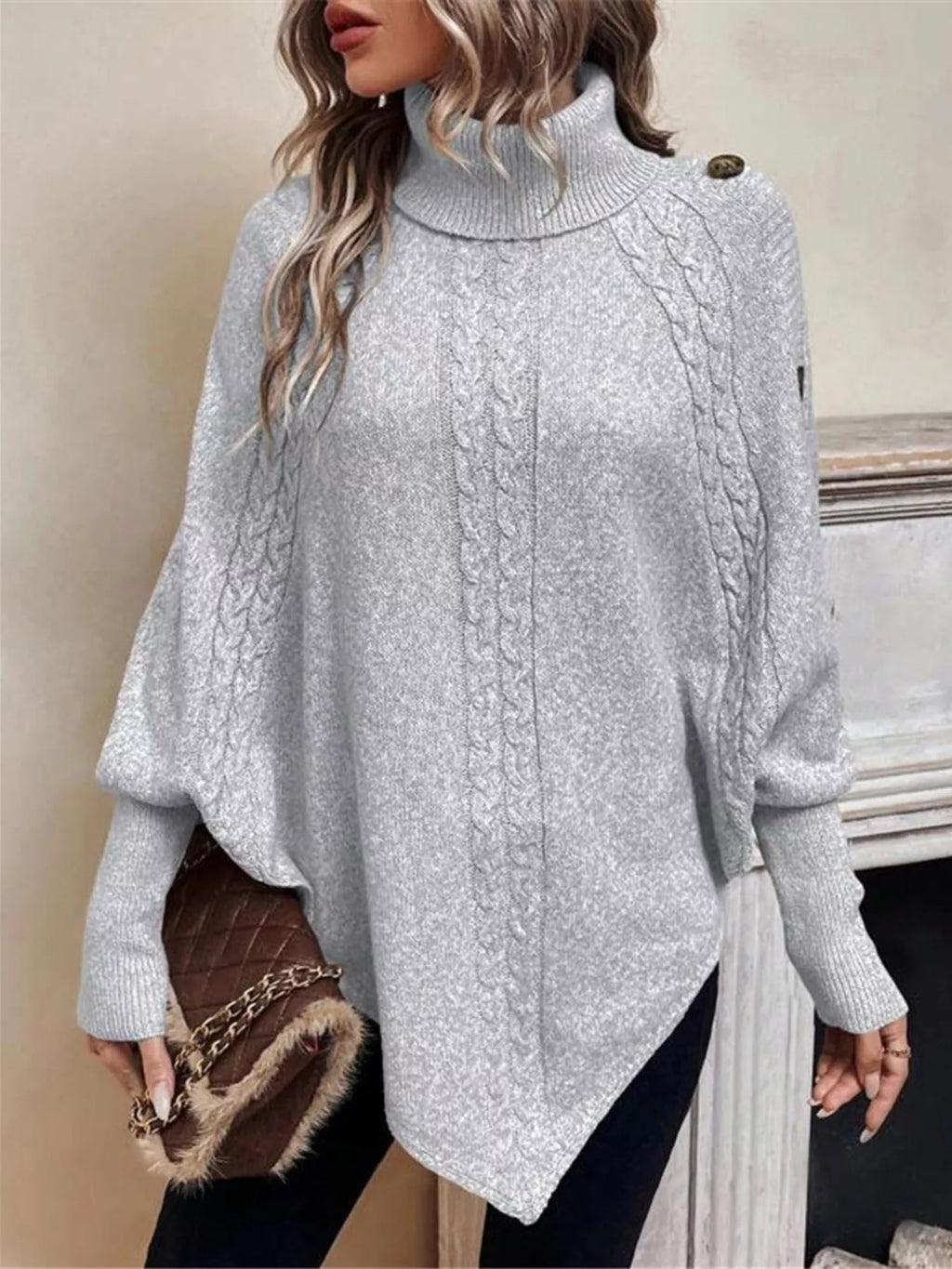 Cable Knit Turtleneck Cape Sweater (21)