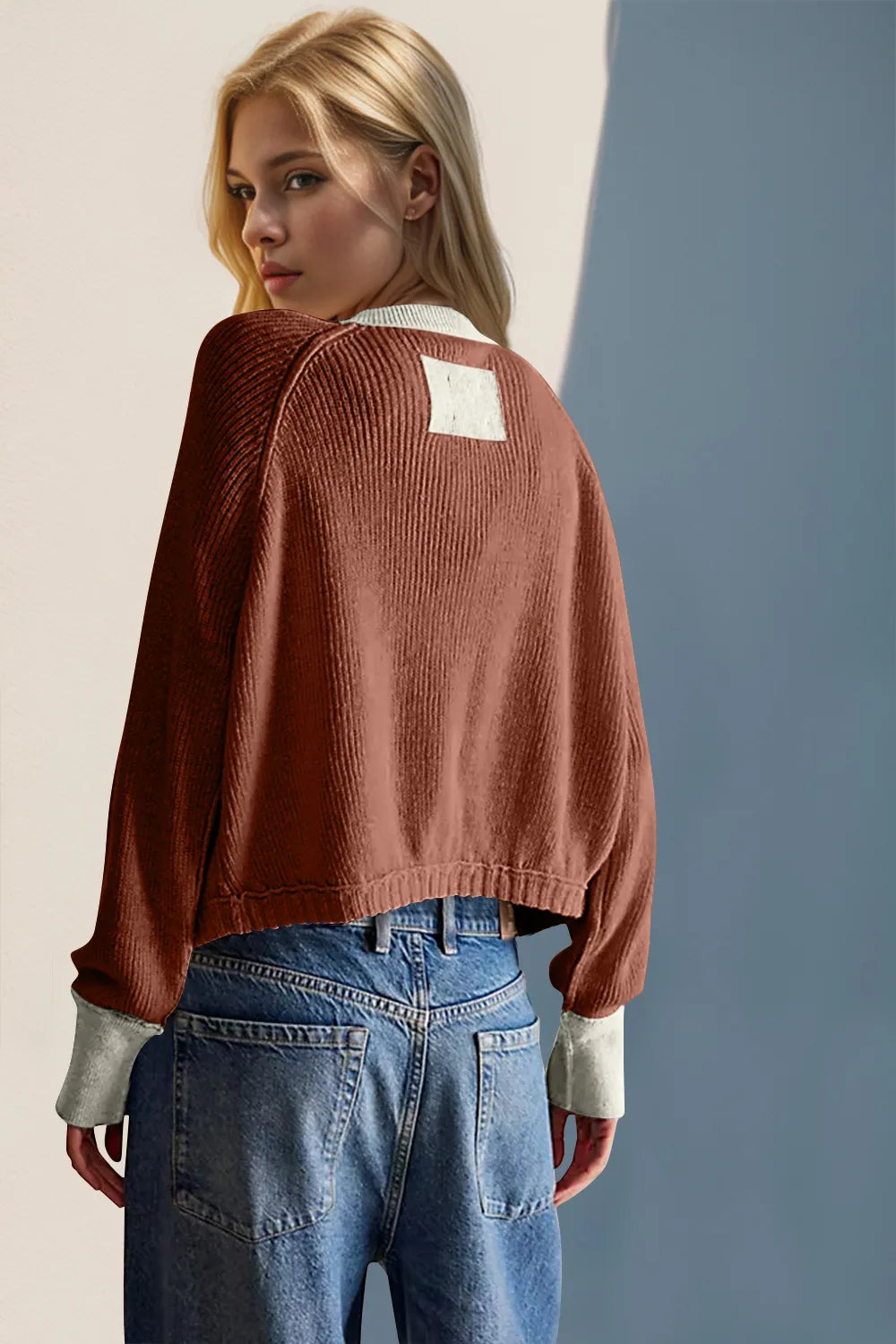 Contrast Button Up Long Sleeve Cardigan (5)