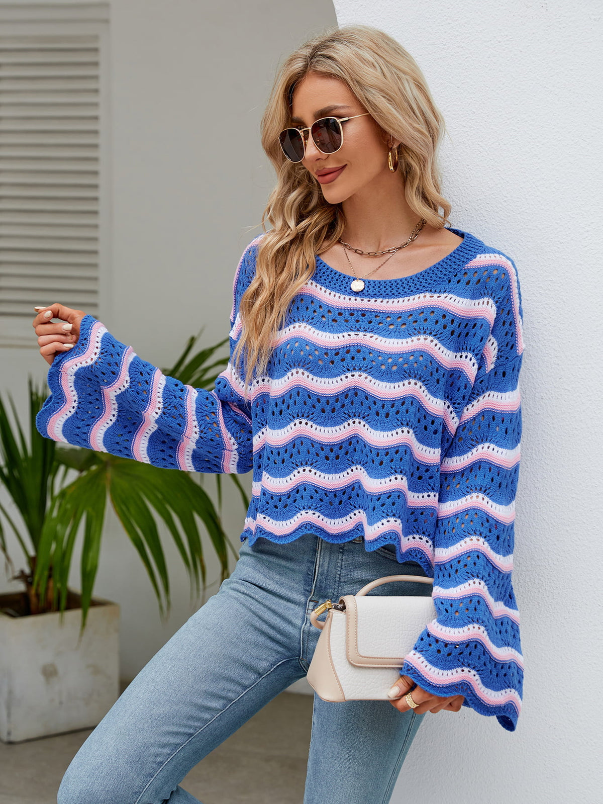 Round Neck Openwork Flare Sleeve Knit Top (10)
