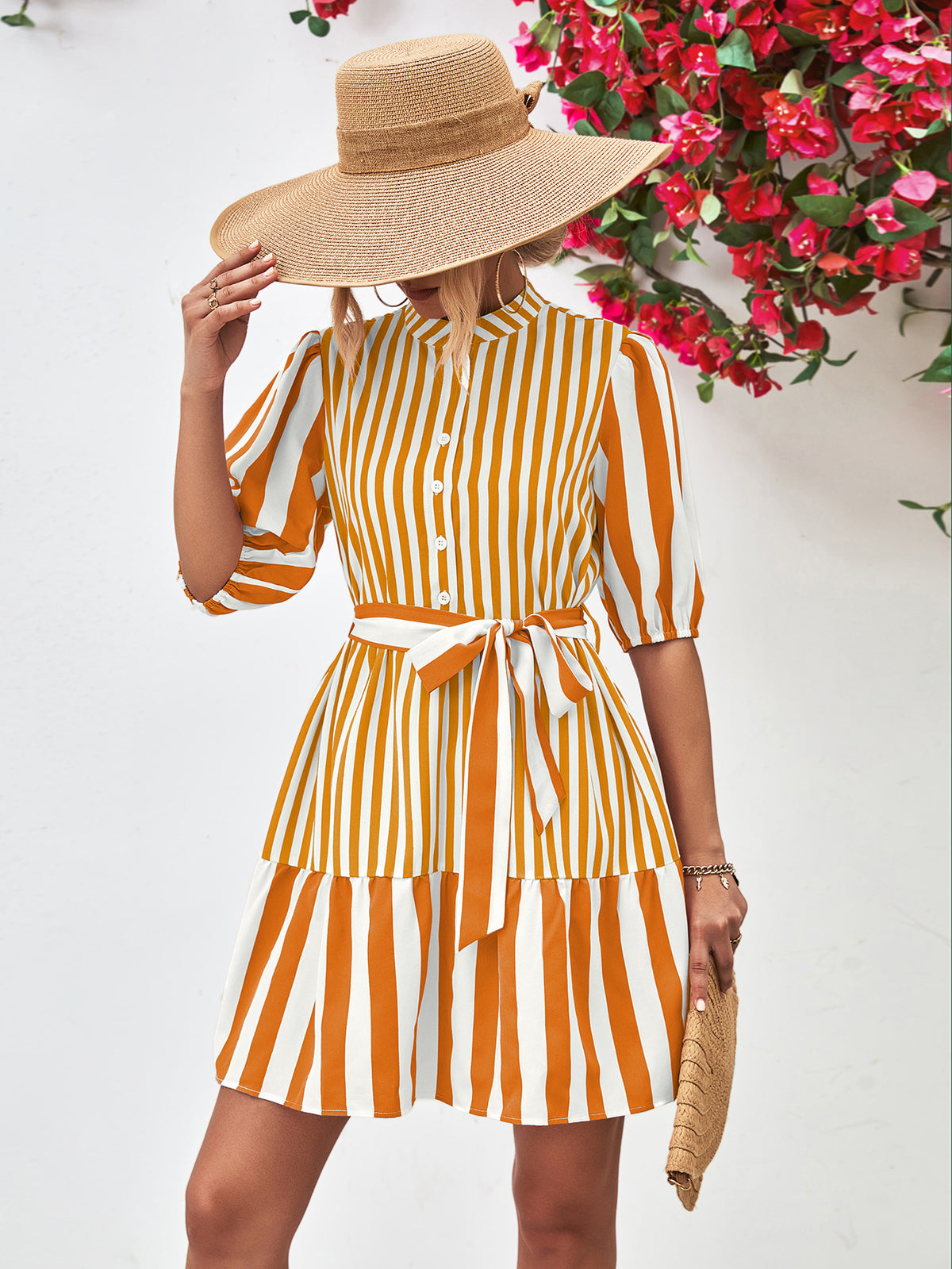 Striped Half Sleeve Tie Waist Mini Dress (8)