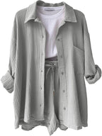 Texture Button Up Shirt Drawstring Shorts Set (23)