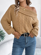 Cable-knit One Shoulder Long Sleeve Sweater
