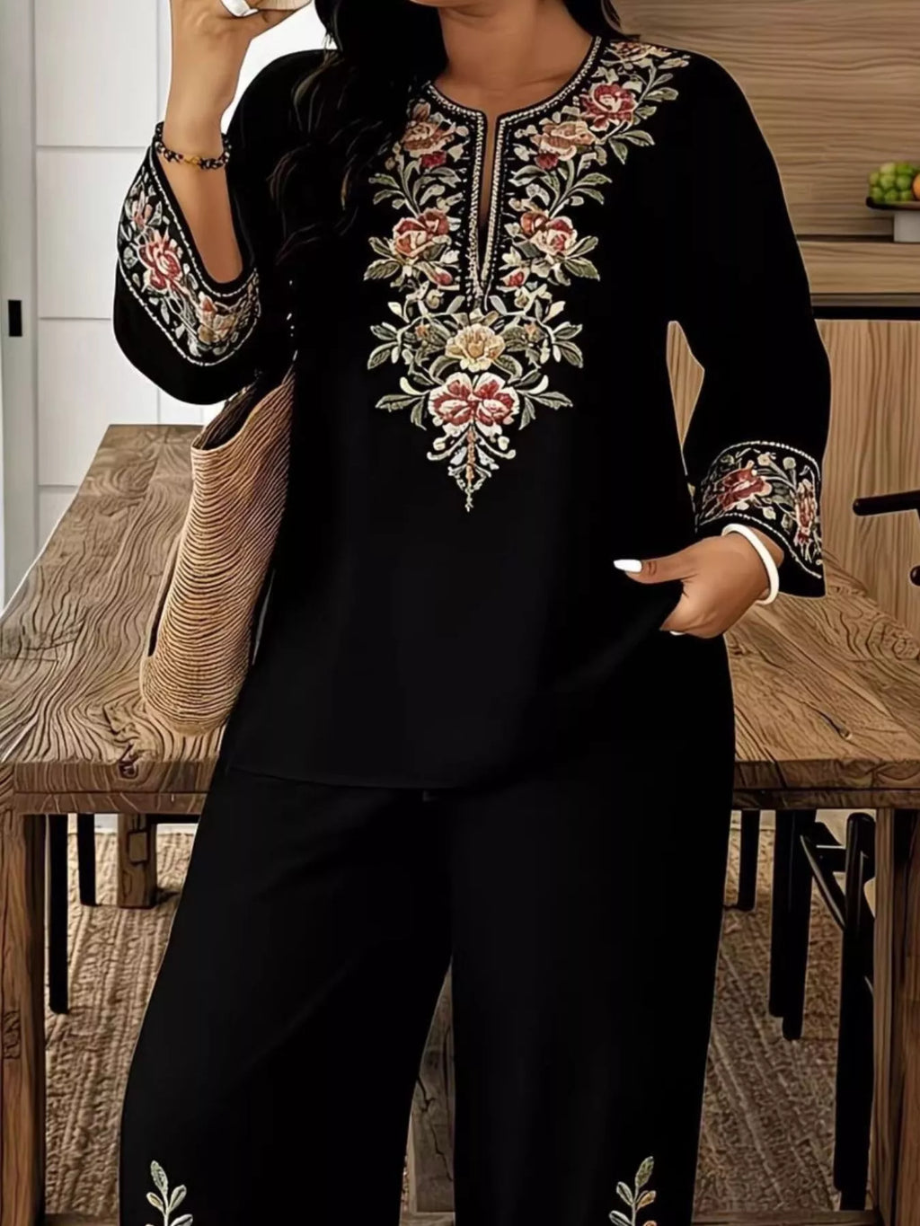 Full Size Embroidered Long Sleeve Top Pants Set Plus (6)