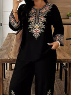 Full Size Embroidered Long Sleeve Top Pants Set Plus (6)