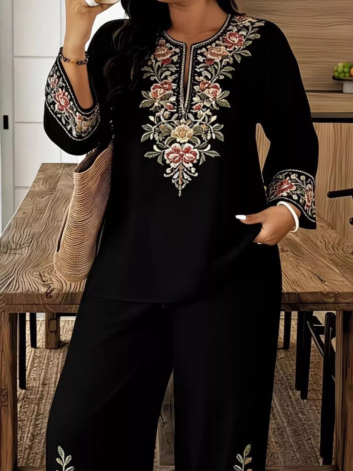 Full Size Embroidered Long Sleeve Top Pants Set Plus (6)