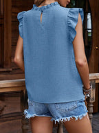 Frill Mock Neck Ruffled Cap Sleeve Blouse (20)