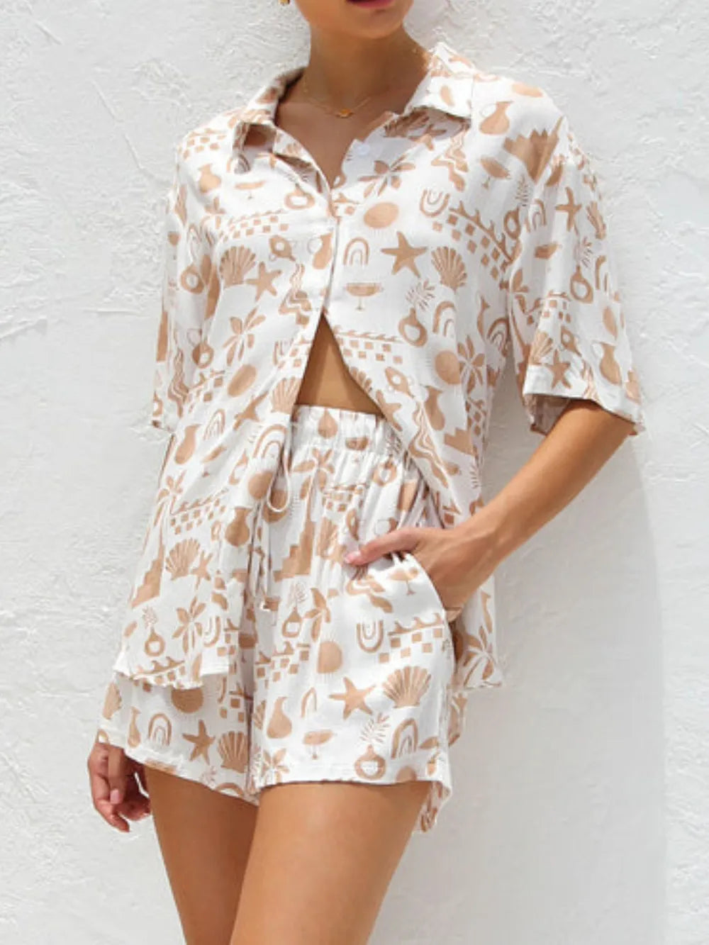 Printed Button Down Short Sleeve Top Shorts Set (18)