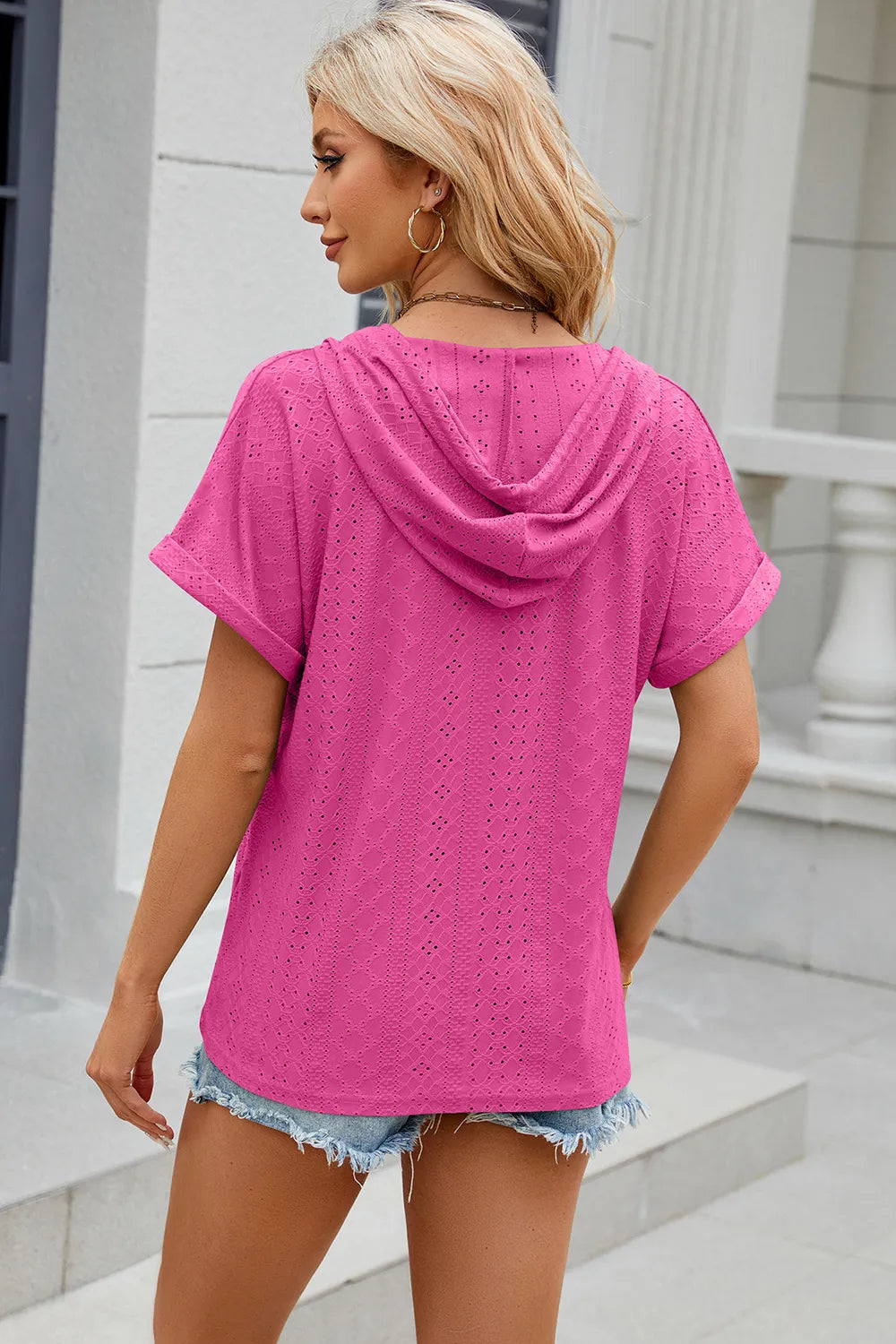 Eyelet Drawstring Hooded Short Sleeve Blouse (12)