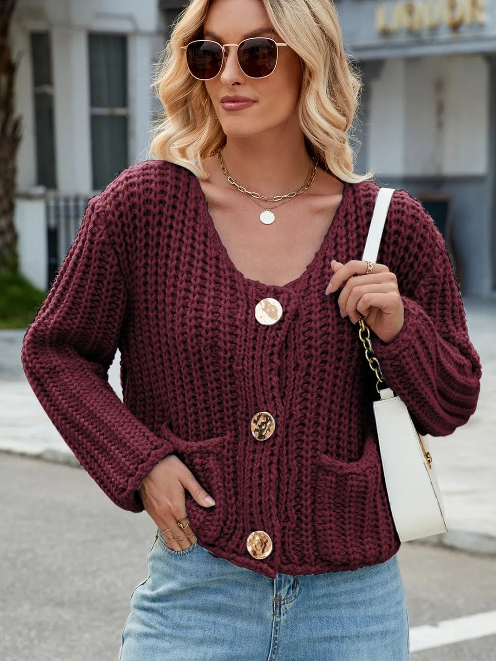 Round Neck Button Up Cardigan Pockets (9)
