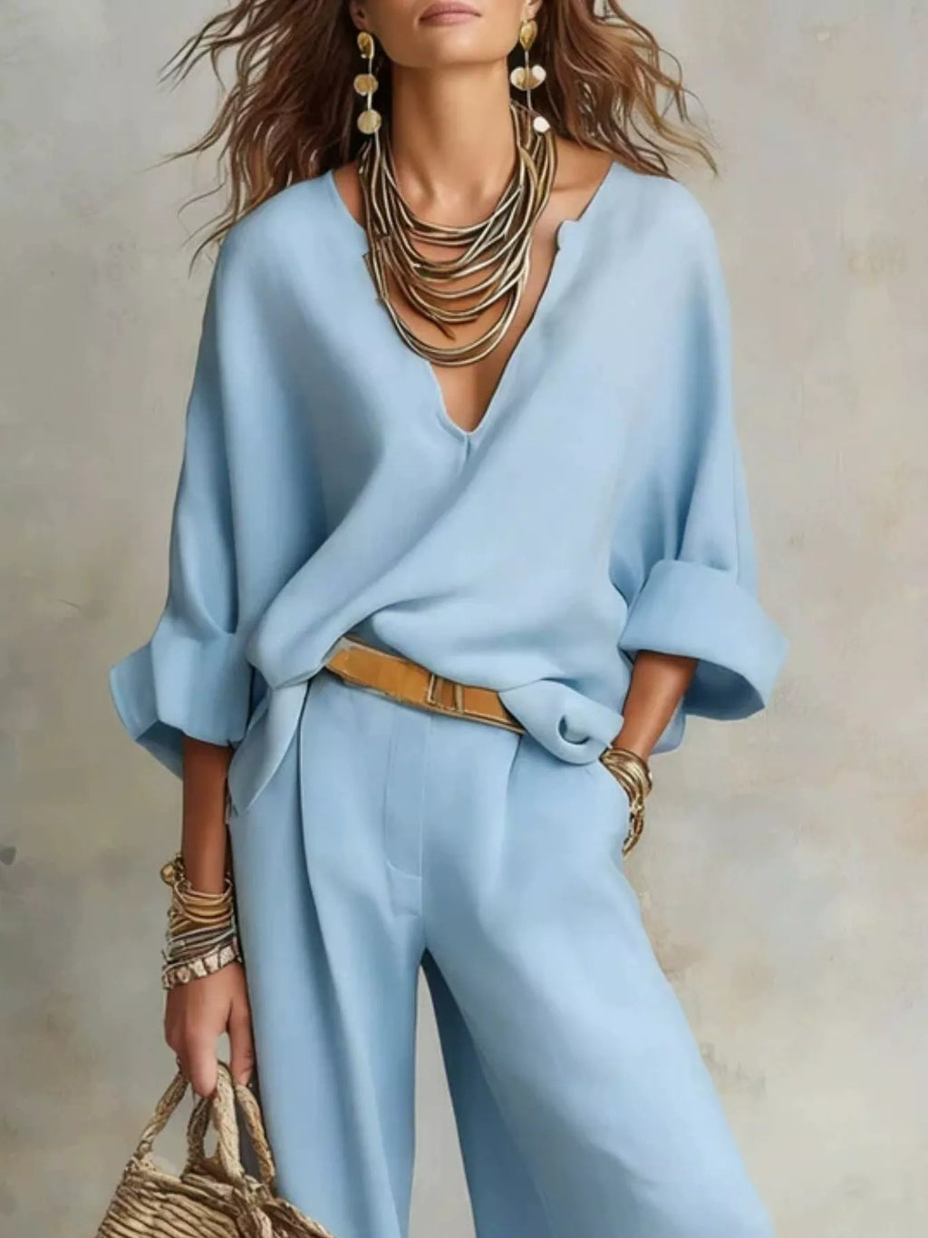 Full Size Loose Fit Top Wide-leg Pants Set Plus (8)