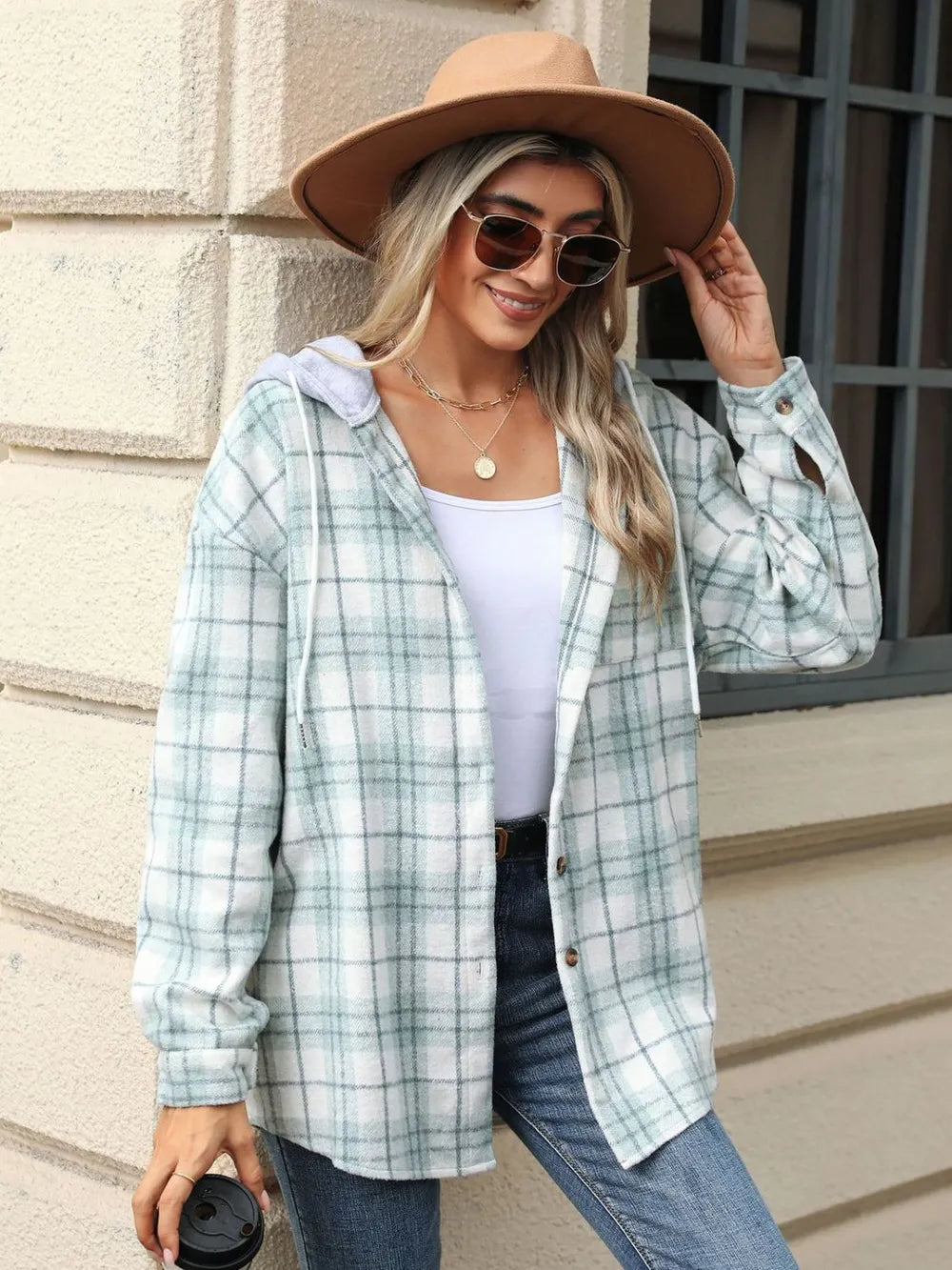 Drawstring Plaid Button Up Hooded Jacket (5)